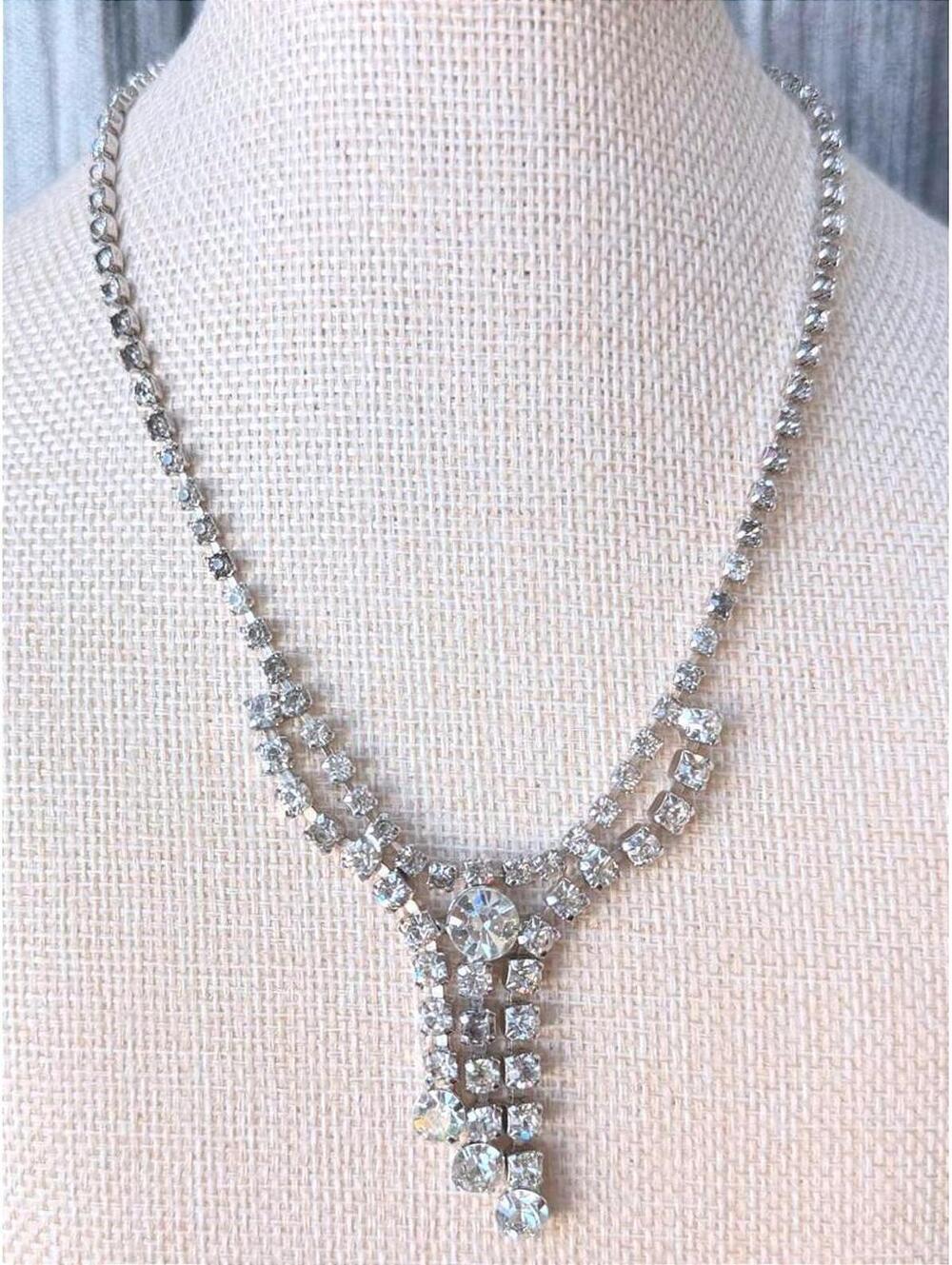 Vintage LA Roco Rhinestone Y Drop Bridal Statement Necklace Sparkle - Picture 2 of 9